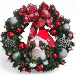 Red & Silver Grumpy Cat Meowy Christmas Wreath